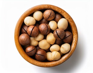 top view mixed macadamia nuts neatly arranged in wooden bowl isolated on white background