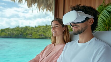 Couple enjoys virtual hotel tour using 360 degree VR technology before planning their dream vacation