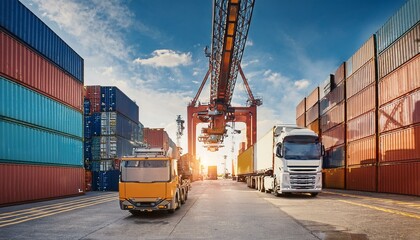 truck driving through container terminal under cranes