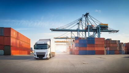 truck driving through container terminal under cranes