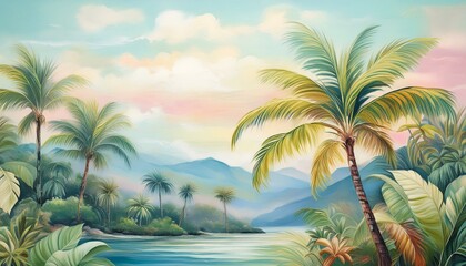 Obraz premium tropical landscape wallpaper design in pastel tones soft color oil painting background palm and banana trees mural art
