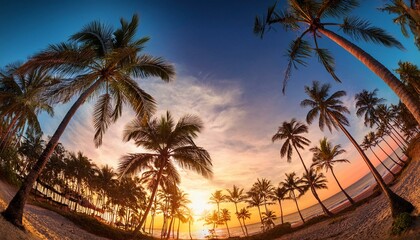 tropical sunset with palm trees background in fisheye perspective