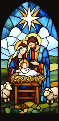 Stained glass nativity scene with Mary, Joseph, and baby Jesus.