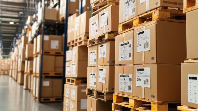 Inventory schedule management concept. Pallets loaded with boxes, with labels ready for shipment, logistics management, shipment organization