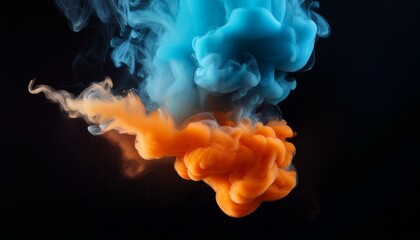 vibrant orange and blue smoke cloud on black background created from vape