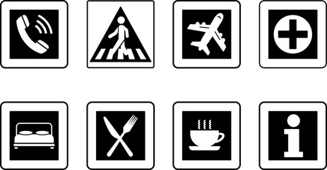 Black Square Road Signs. Vector Icons. Telephone, Crosswalk, Airport, First Aid. Hotel, Restaurant, Highway Diner and Information
