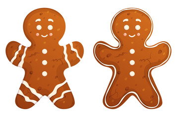 Gingerbread man isolated on white set. Christmas homemade sweet cookie with cream decoration collection.