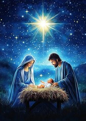 Holy family under a starry night sky