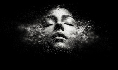 A monochrome surreal representation of a face dissolving into fine particles, symbolizing the ethereal connection between dreams and reality, transformation, and human consciousness