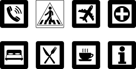 Square Road Signs. Vector Icons. Telephone, Crosswalk, Airport, First Aid. Hotel, Restaurant, Highway Diner and Information © Yuliia