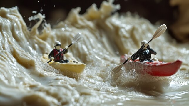 Miniature kayakers tackle frothy milk rapids, whimsical adventure in a playful dairy landscape, vibrant and imaginative scene.