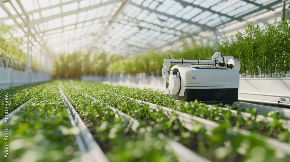 Poster A robot managing automated agriculture systems in a high-tech greenhouse with clean, organized rows of crops and advanced irrigation technology, Greenhouse tech style