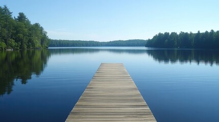 Fototapeta premium Deserted pier extending into a calm North American lake, with space for copy in the water