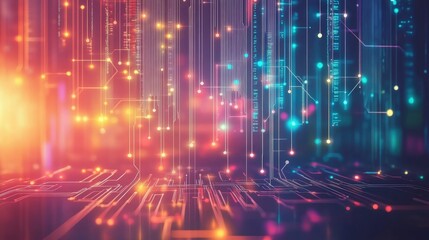 Digital circuit lines and light beams floating on a gradient tech process background