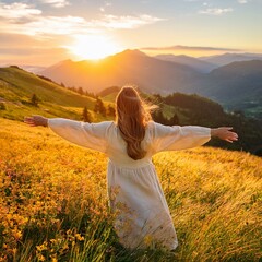 woman with open arms enjoying sunset on the mountain free and happy lifestyle concept girl standing in a meadow field of flowers at golden hour beautiful woman feeling freedom golden sunlight