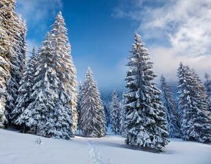 Fototapeta premium winter landscape with snow covered tall evergreen trees