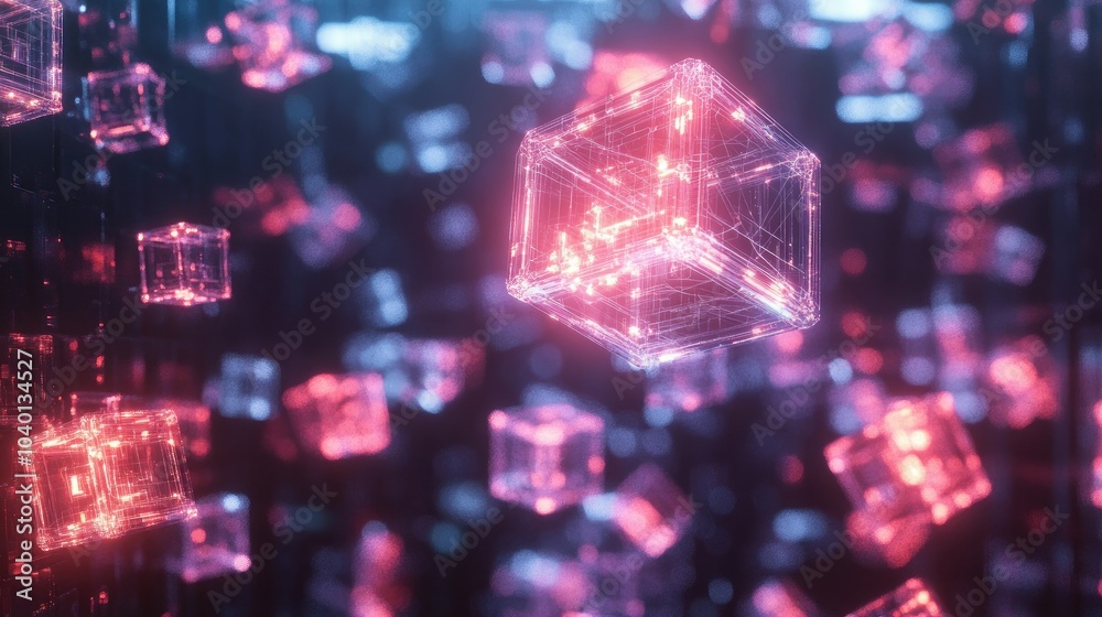 Poster digital interface with interconnected glowing cubes on a tech process backdrop