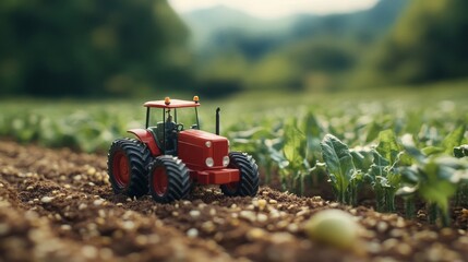 Miniature tractors cultivating a whimsical landscape of golden cornflakes, playful agricultural scene in a vibrant setting