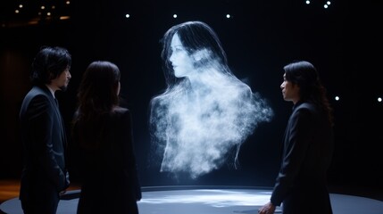 Team members collaborate globally in a virtual workspace as holograms during a digital conference