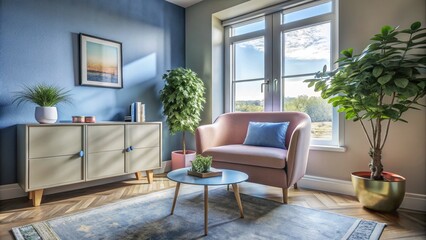 Fototapeta premium Modern Pastel Interior Design with Sofa, Chair, and Blue Cabinet for Stylish Home Decor Inspiration