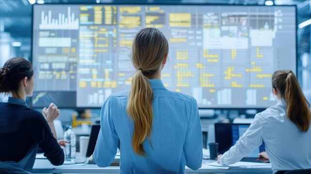 Warehouse and inventory schedule management concept. Warehouse team holding a meeting in front of a large scheduling board, discussing daily operations teamwork