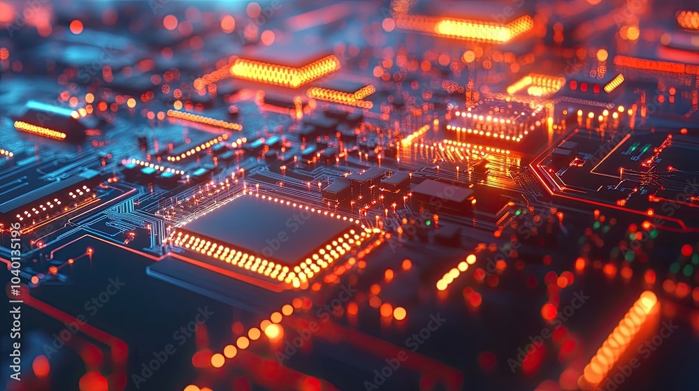 Poster dynamic digital circuitry and data nodes glowing on a modern tech process backdrop