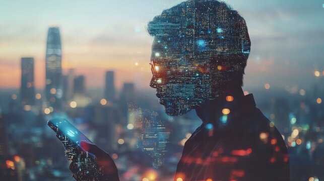 Digital technology internet network connection big data digital marketing social media concept Double exposure of man using smart mobile phone surfing internet and the city technology. : Generative A