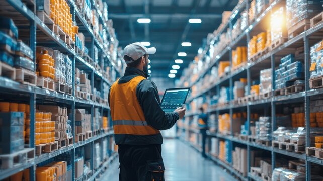 Warehouse and inventory schedule management concept. Warehouse worker checking stock levels on a digital screen while walking between aisles, mobile inventory, on-the-go solutions