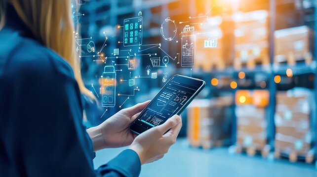 Inventory management order tracking concept. Worker scanning goods into the inventory management system using a mobile app, inventory mobile app, digital tracking