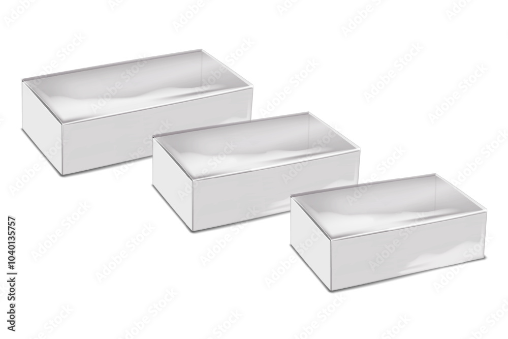 Wall mural white blank cardboard drawer box with clear transparent plastic lid. 3d vector mock-up set. tray and