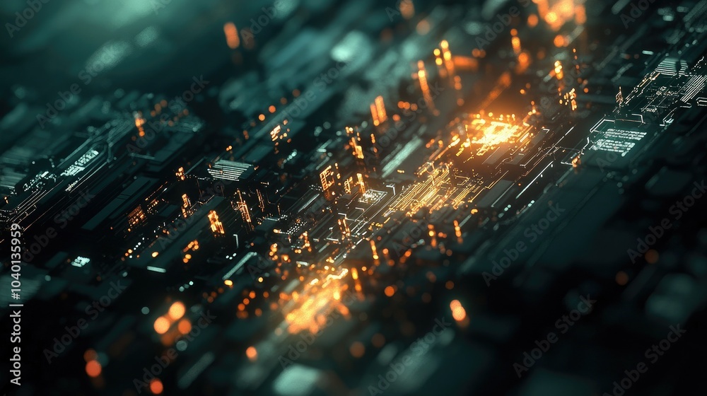 Poster dynamic digital nodes and circuitry glowing on a dark tech background