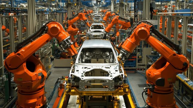 An Indian auto factory with robotic arms for assembling cars reflects the progress made in India's auto manufacturing.