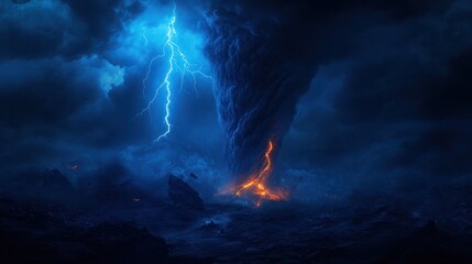 Obraz premium dramatic and powerful tornado. Lightning thunderstorm flash over the night sky. Concept on topic weather, cataclysms (hurricane, Typhoon, tornado, storm). Stormy Landscape.