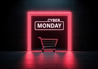 A neon sign reading "Cyber Monday" shines brightly above a shopping cart in a dark environment, emphasizing online shopping excitement.