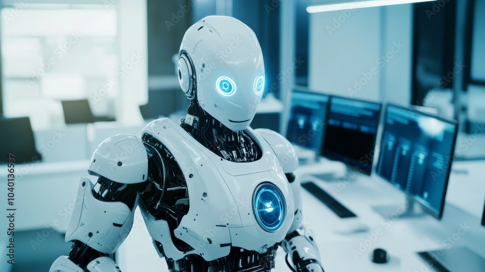 Poster a robot managing automated data entry in a futuristic office with digital workstations, clean and mo