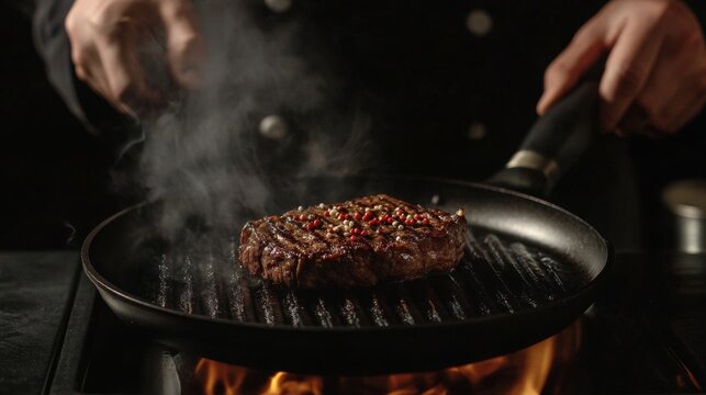 Cooking beef steak on grill pan by chef hands on black background for copy space text restaurant menu, 