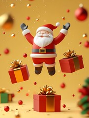 3D Cheerful Santa Claus with Presents and Festive Background