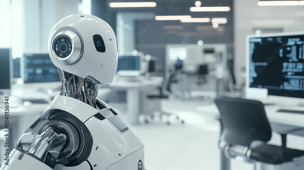 Poster a robot managing automated data entry in a futuristic office with digital workstations, clean and mo