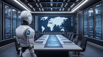 A minimalist office setup with a virtual assistant projecting 3D business models for strategic planning