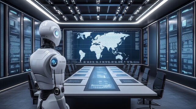 A minimalist office setup with a virtual assistant projecting 3D business models for strategic planning