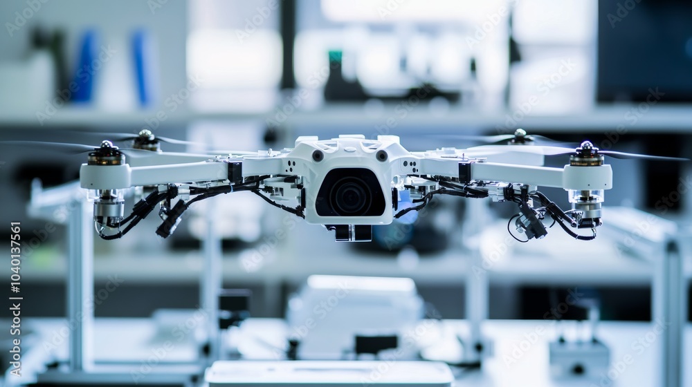 Poster A robot managing automated drone calibration in a high-tech drone lab with clean, organized calibration stations and advanced drone calibration tools, Drone calibration tech style