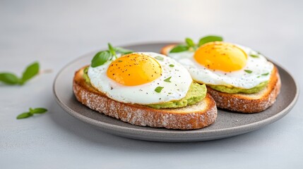 Delicious avocado toast topped with sunny-side-up eggs