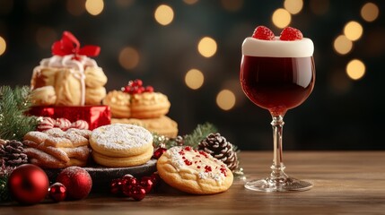Naklejka premium Festive holiday treats with a cheerful cocktail display