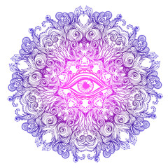 All seeing eye in ornate round mandala pattern. Mystic, alchemy, occult concept. Design for music cover, t-shirt , boho poster, flyer. Astrology, shamanism, religion. Coloring book pages for adults.