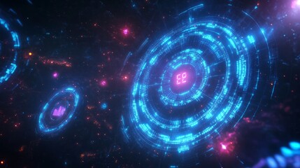 space and digital counters flying around in neon blue lights and stars