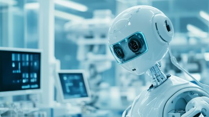 A robot managing automated environmental monitoring in a high-tech research center with clean, organized monitoring systems and advanced sensors, Environmental monitoring tech style