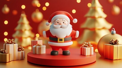 3D Cheerful Santa Figurine with Holiday Decorations