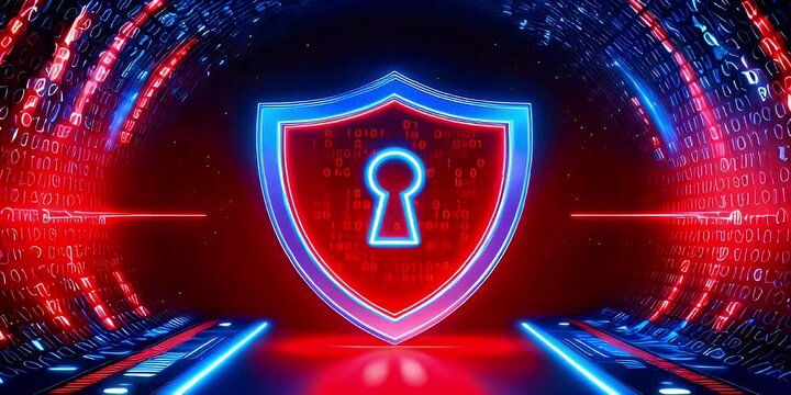 A glowing neon blue and red shield with a keyhole in the center, set against a backdrop of binary code.