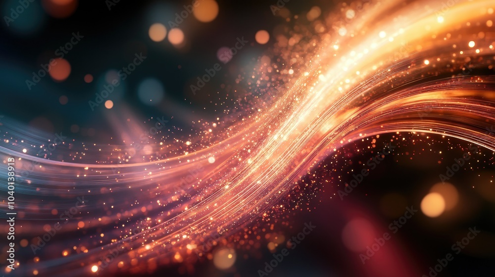 Poster flowing light paths and digital particles in motion on a high-tech background