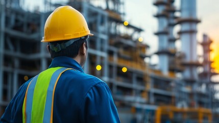 Industrial site in India, workers and engineers in hard hats oversee construction, highlighting the country's growing construction industry
